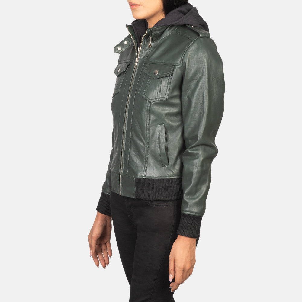 Full back view of the green leather jacket showcasing the clean tailoring, semi-aniline finish, and neat hemline.