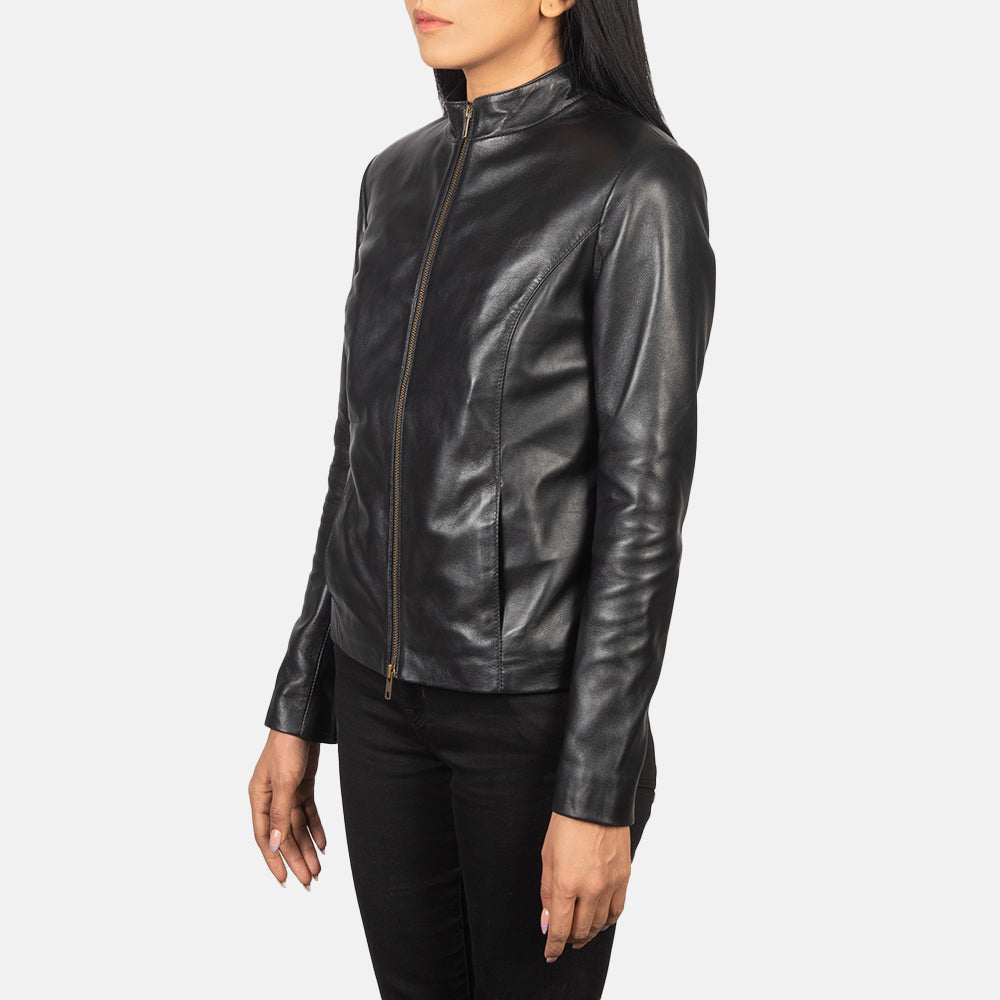 Back view of the Rumella Black leather biker jacket from Layzal Jackets.