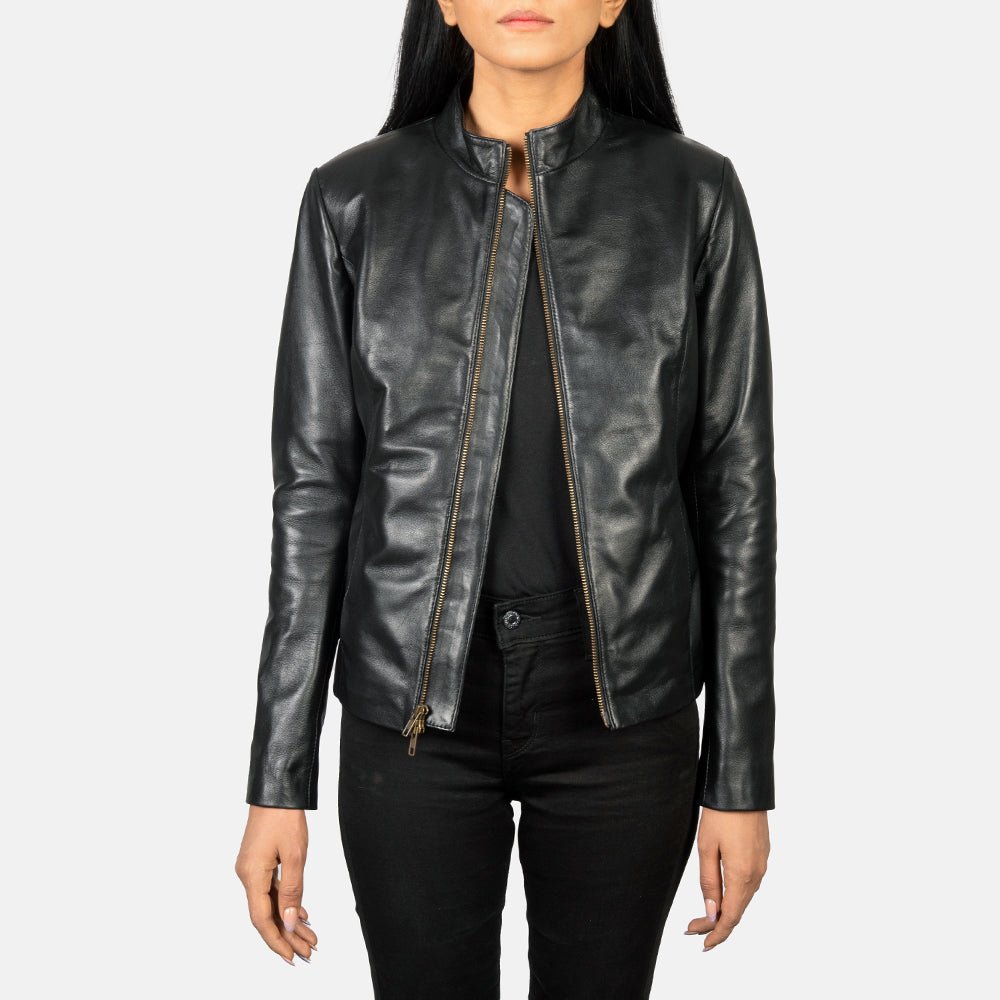 Front view of the Rumella Black leather biker jacket by Layzal Jackets.