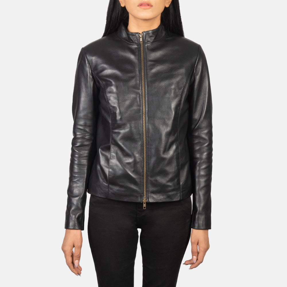 Close up of rich black semi aniline sheepskin leather texture on a biker jacket.