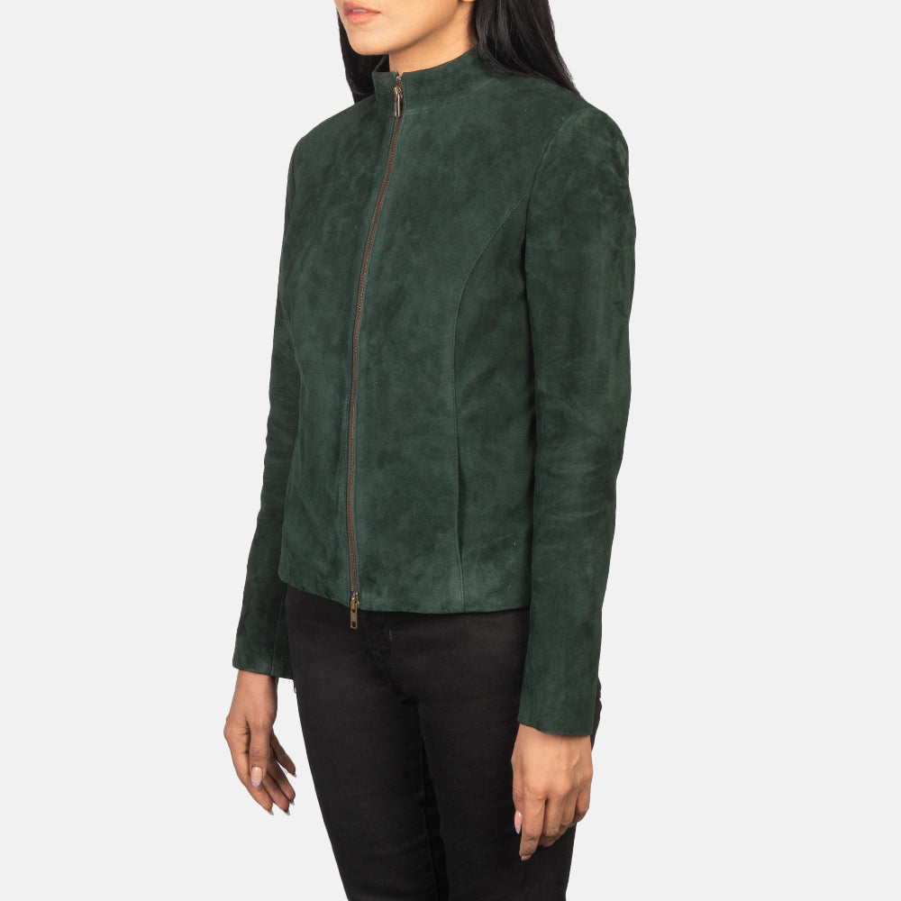 Back view of the Rumella Green suede biker jacket from Layzal Jackets.