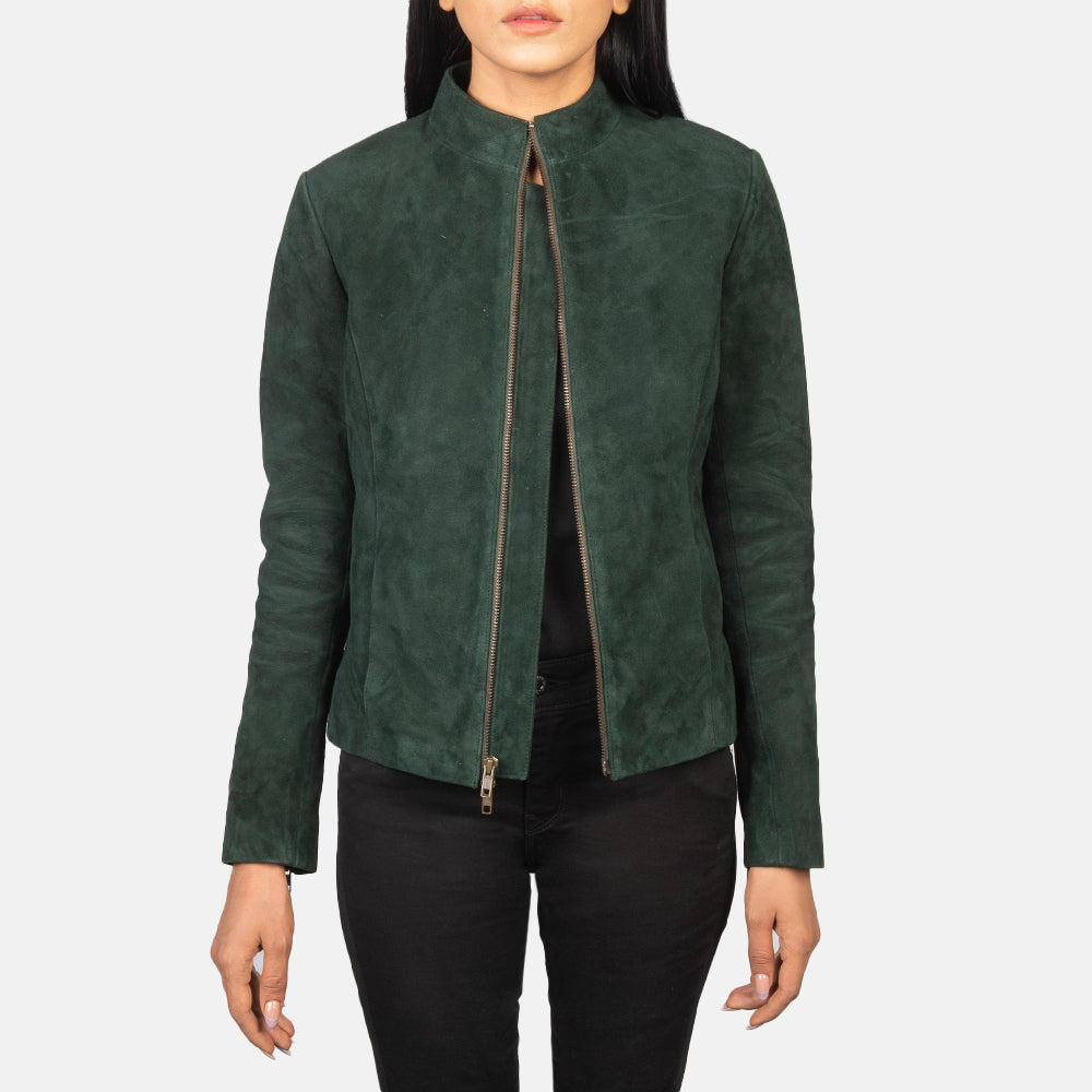 Front view of the Rumella Green suede biker jacket by Layzal Jackets.