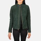 Front view of the Rumella Green suede biker jacket by Layzal Jackets.