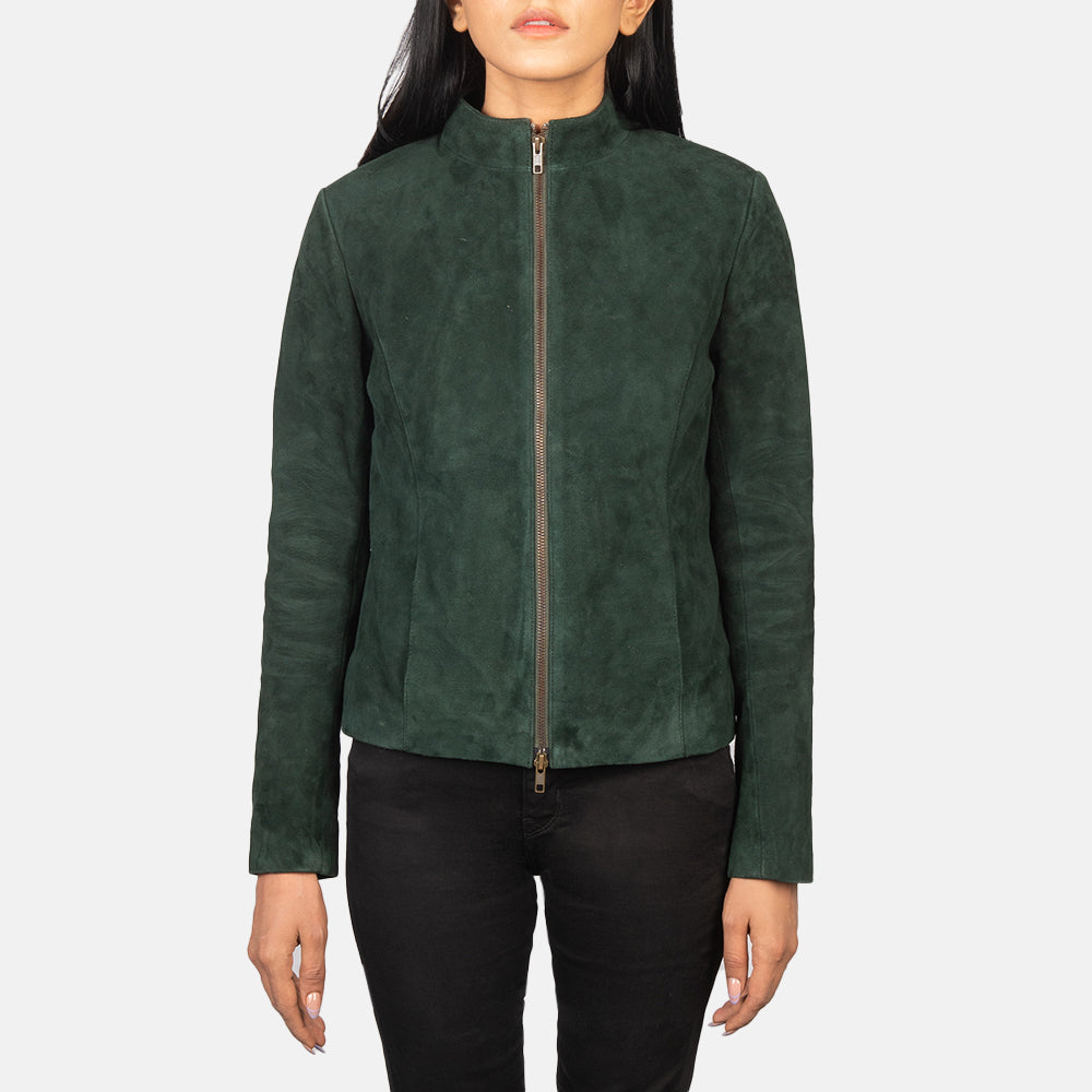 Full side profile of the Rumella jacket showcasing the refined suede silhouette.