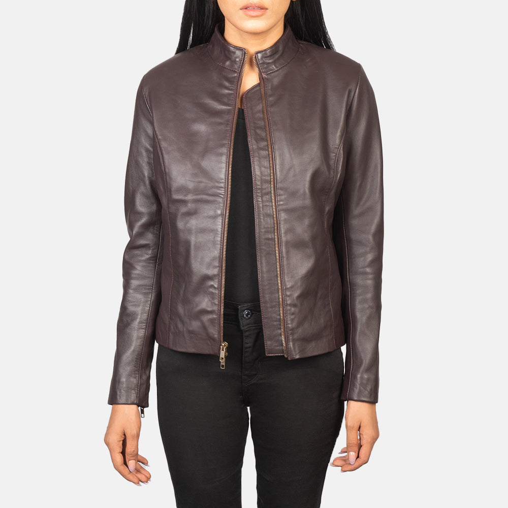 Front view of the Rumella Maroon leather biker jacket by Layzal Jackets.