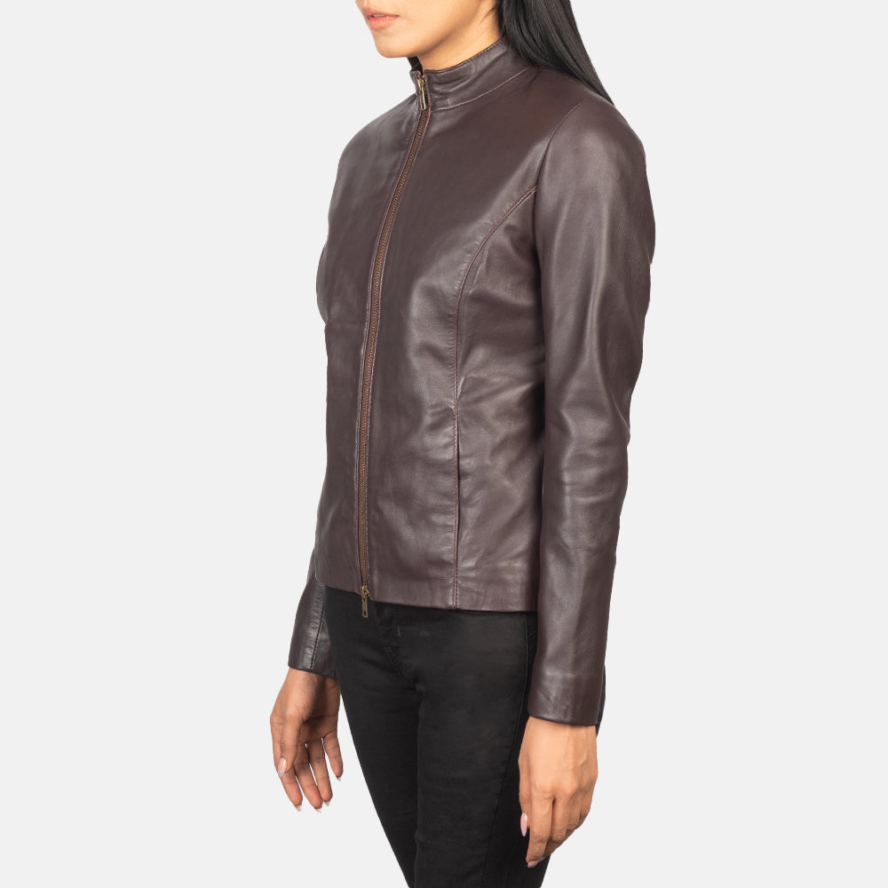 Back view of the Rumella Maroon leather biker jacket from Layzal Jackets.