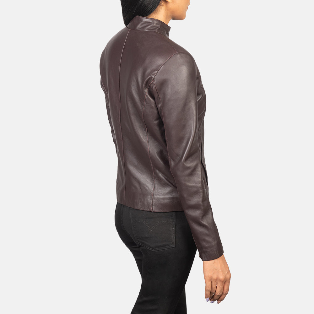 Detail of the durable quilted polyester lining inside the maroon leather biker.