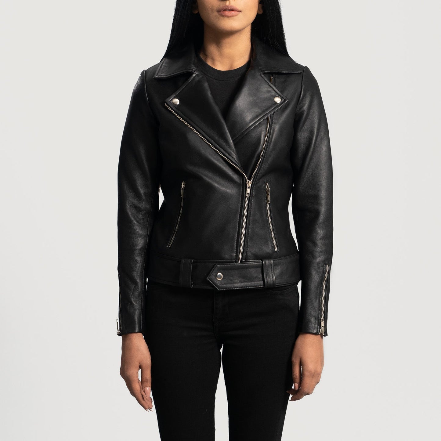 Full side profile of the Rumy black leather jacket showcasing a modern fit.