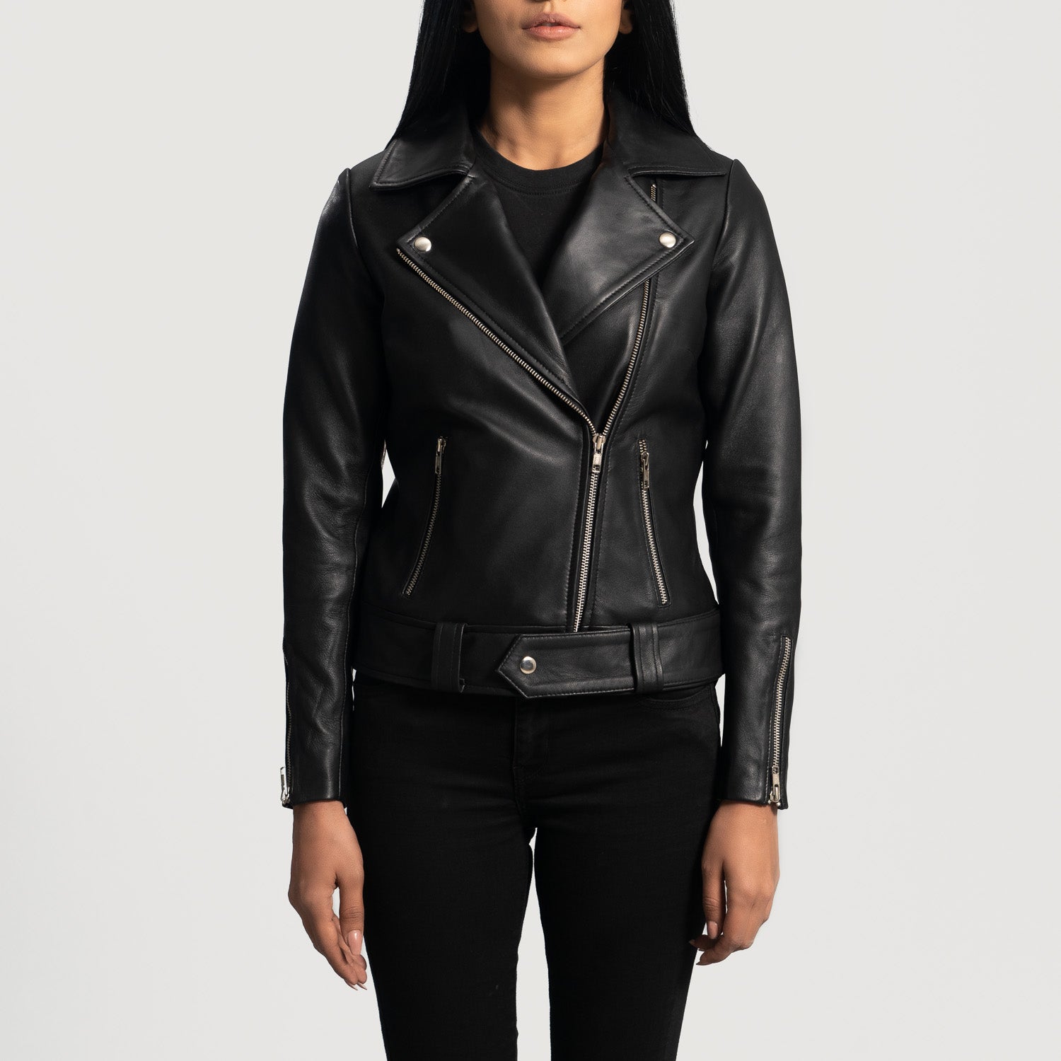 Full side profile of the Rumy black leather jacket showcasing a modern fit.