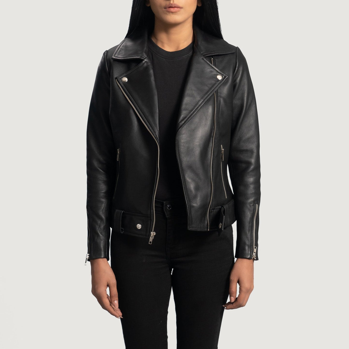 Front view of the Rumy Black leather biker jacket by Layzal Jackets.
