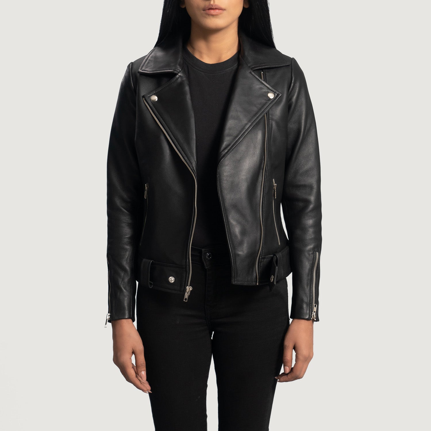 Front view of the Rumy Black leather biker jacket by Layzal Jackets.