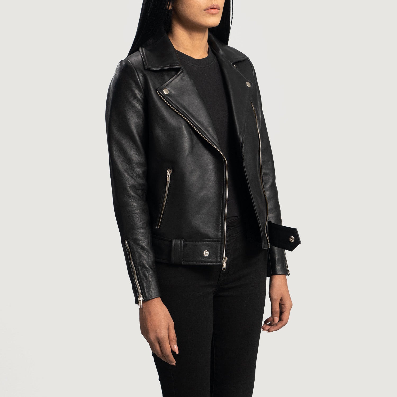 Back view of the Rumy Black leather biker jacket from Layzal Jackets.