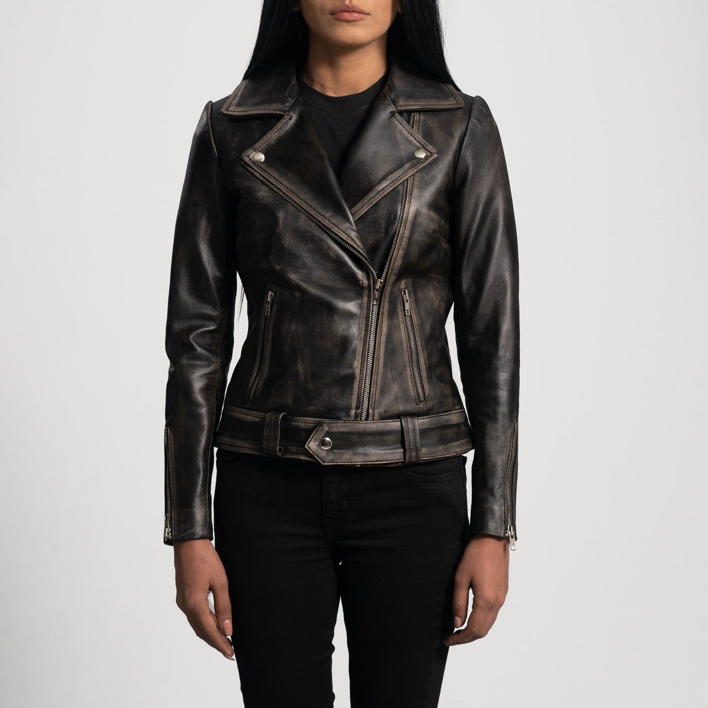 Back view of the Rumy Distressed Brown leather biker jacket from Layzal Jackets.