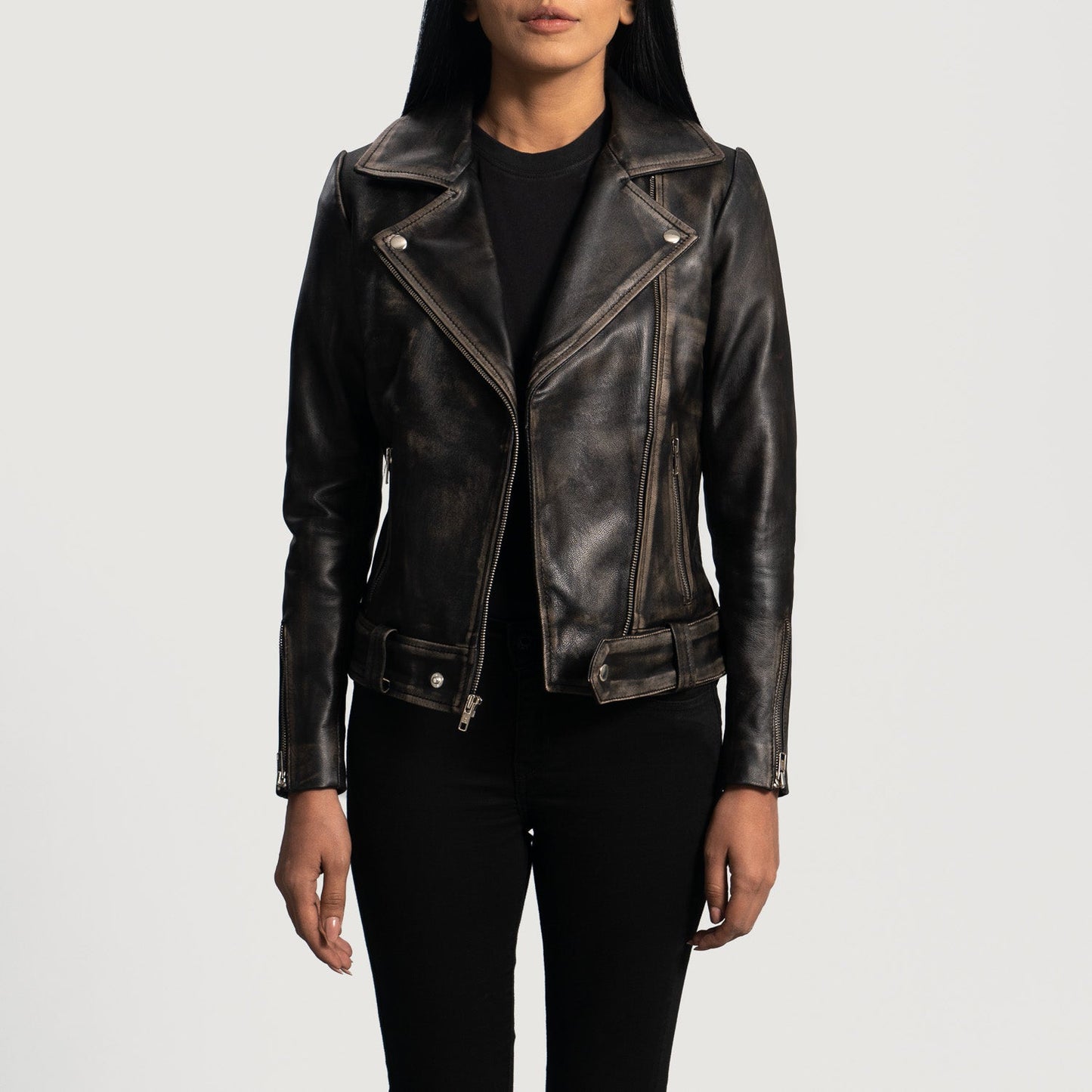 Front view of the Rumy Distressed Brown leather biker jacket by Layzal Jackets.