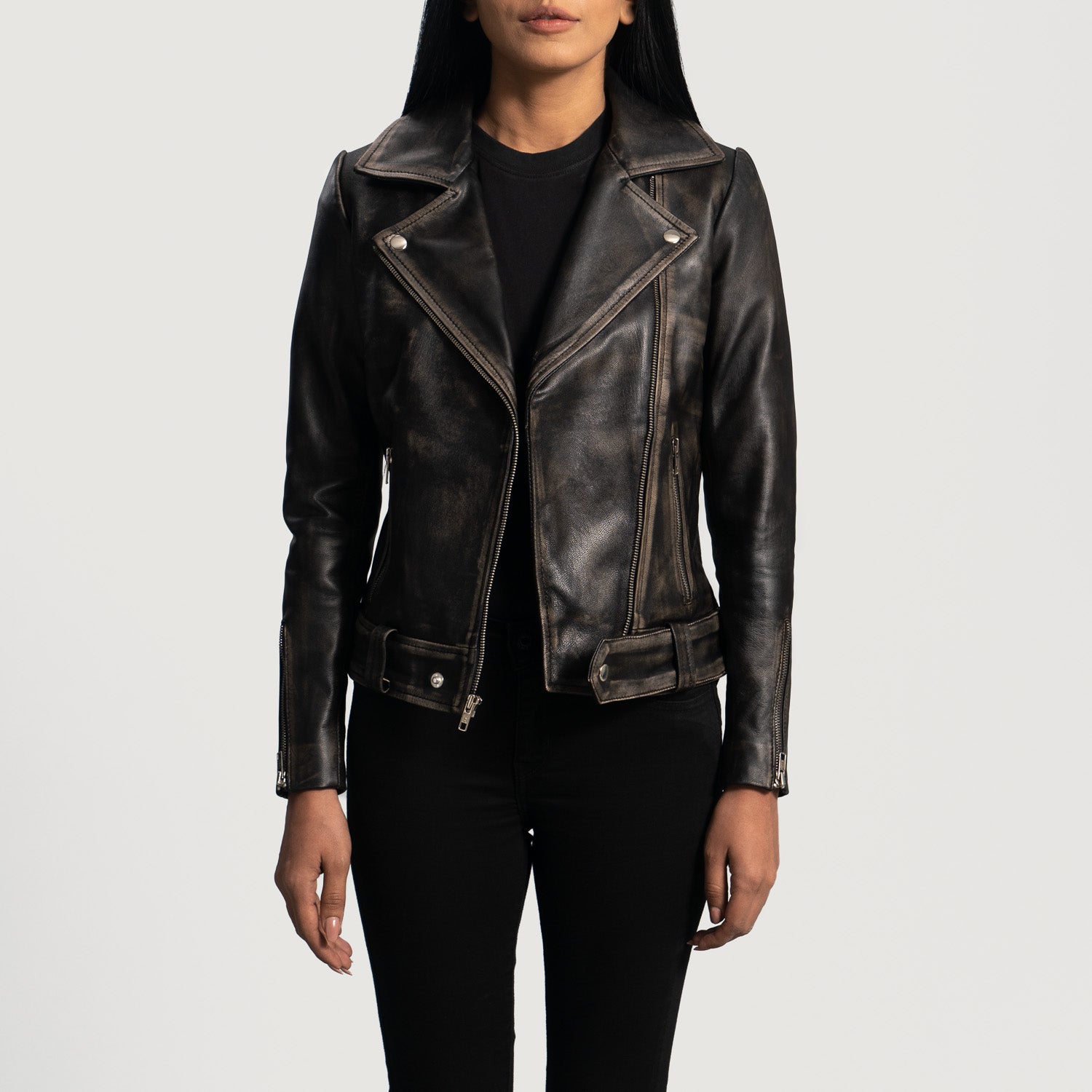 Front view of the Rumy Distressed Brown leather biker jacket by Layzal Jackets.