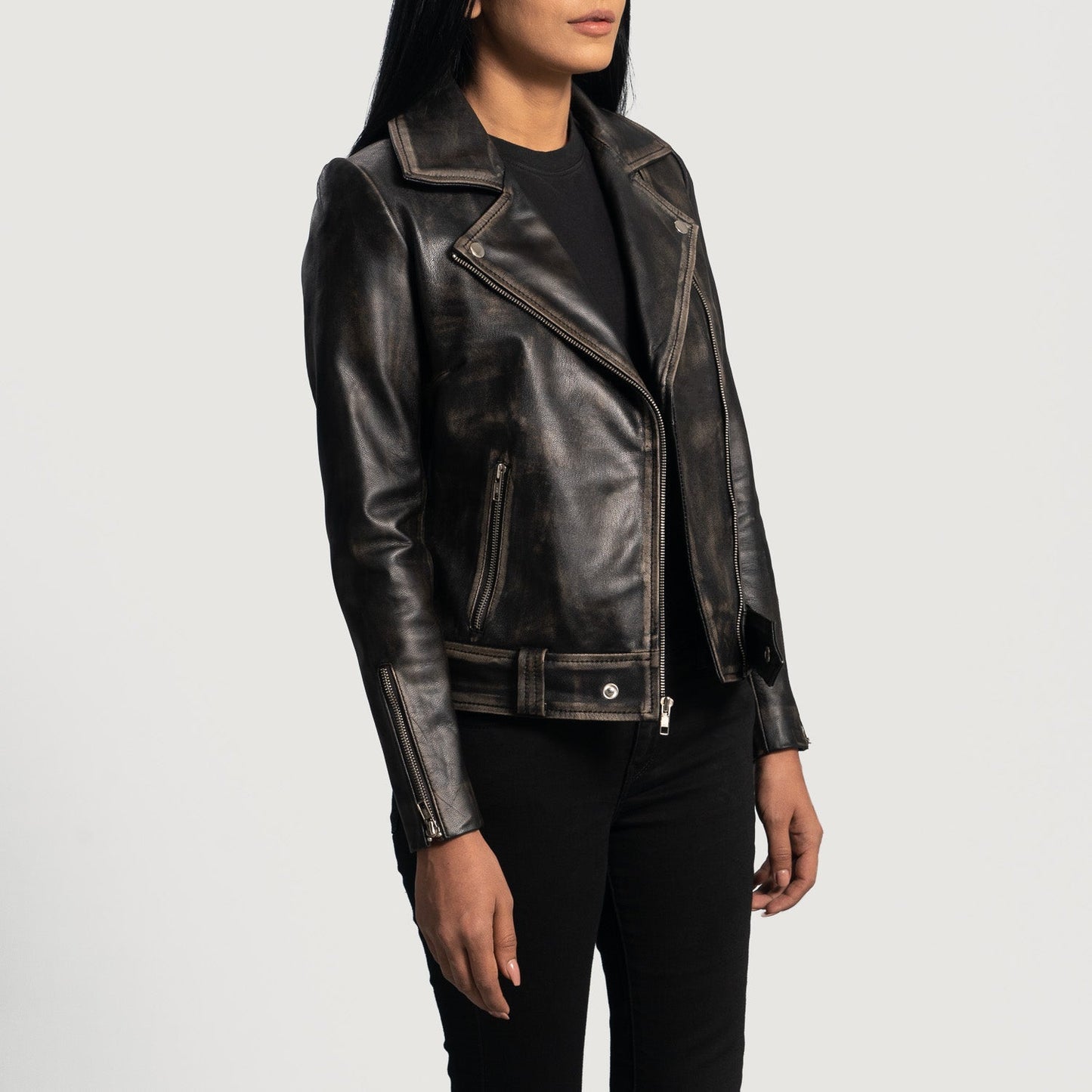 Front view of the Rumy Distressed Brown leather biker jacket by Layzal Jackets.
