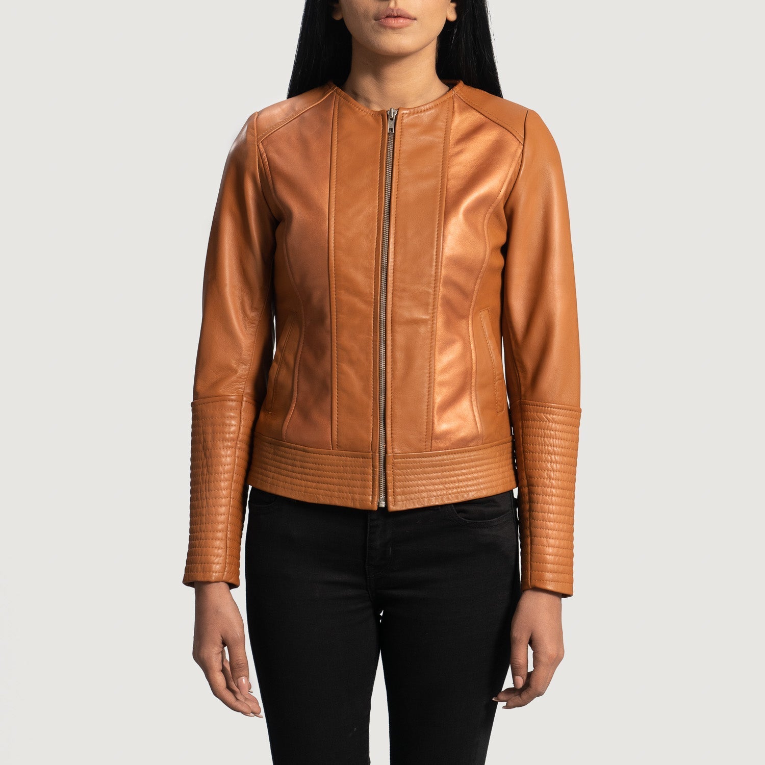 Lifestyle shot of the Sleeky Clean tan leather biker jacket available at Layzal Jackets.