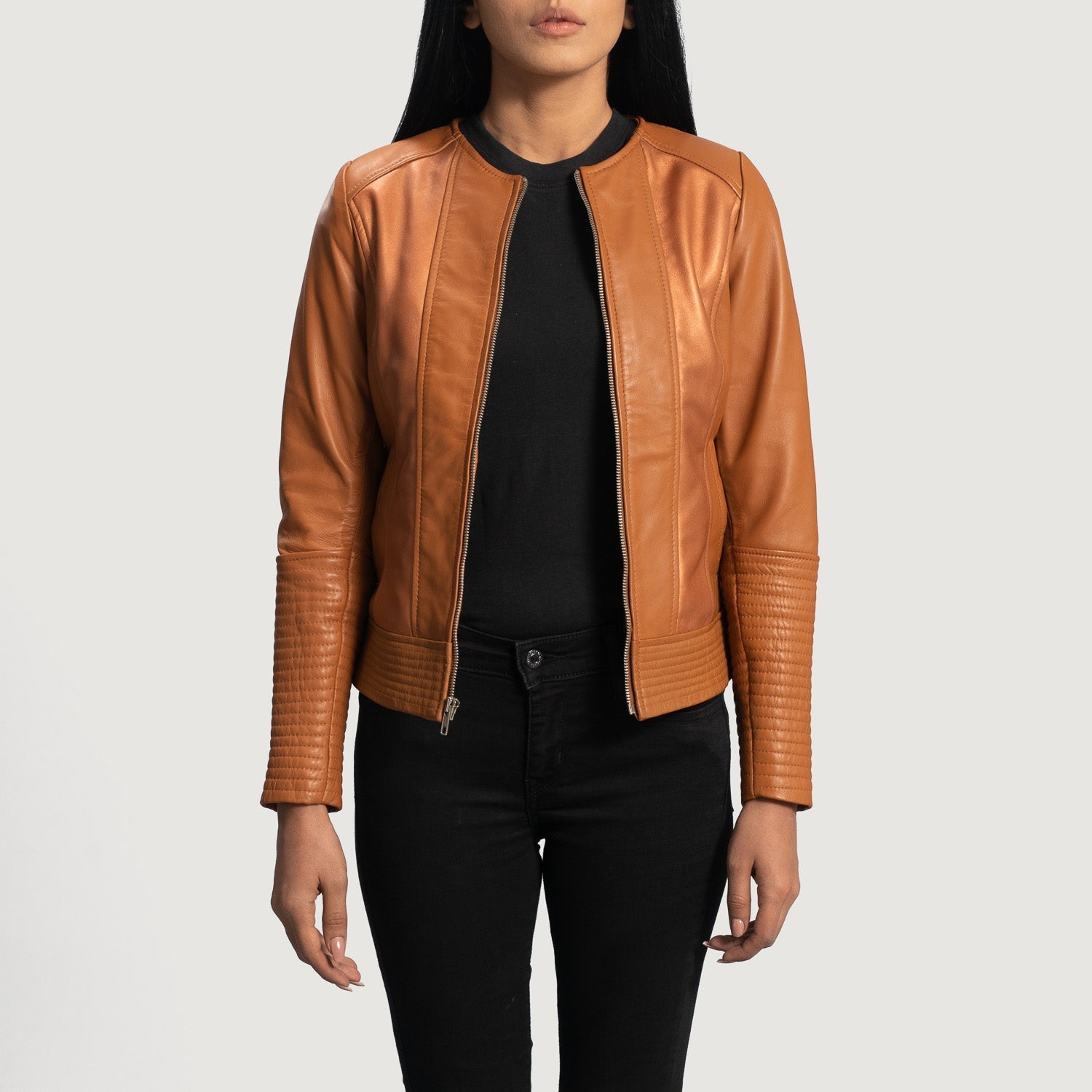 Front view of the Sleeky Clean tan leather biker jacket by Layzal Jackets.