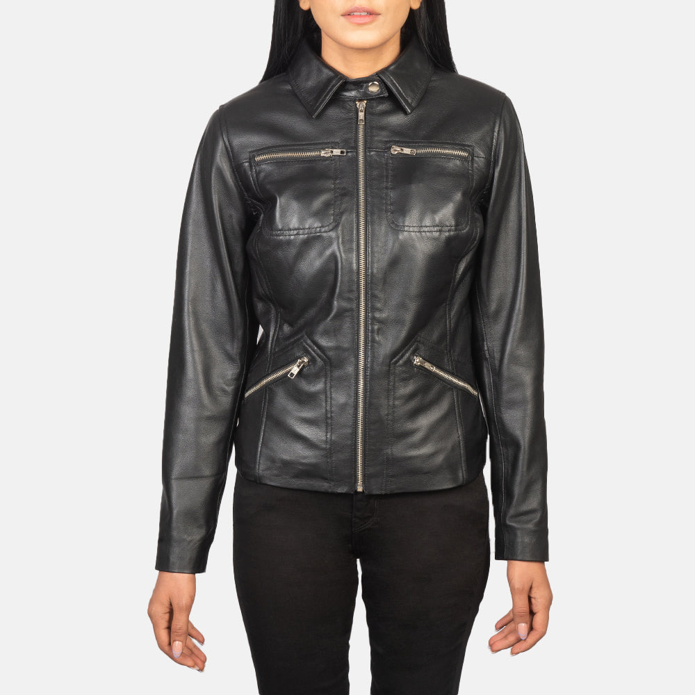 Close up of premium black semi aniline sheepskin leather texture on a jacket.