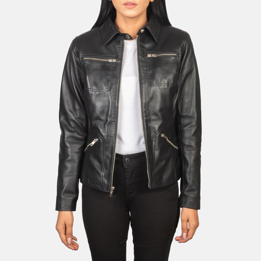 Front view of the Tomachi Black leather jacket by Layzal Jackets.