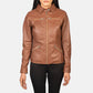 Close up of premium brown semi aniline sheepskin leather texture on a jacket.