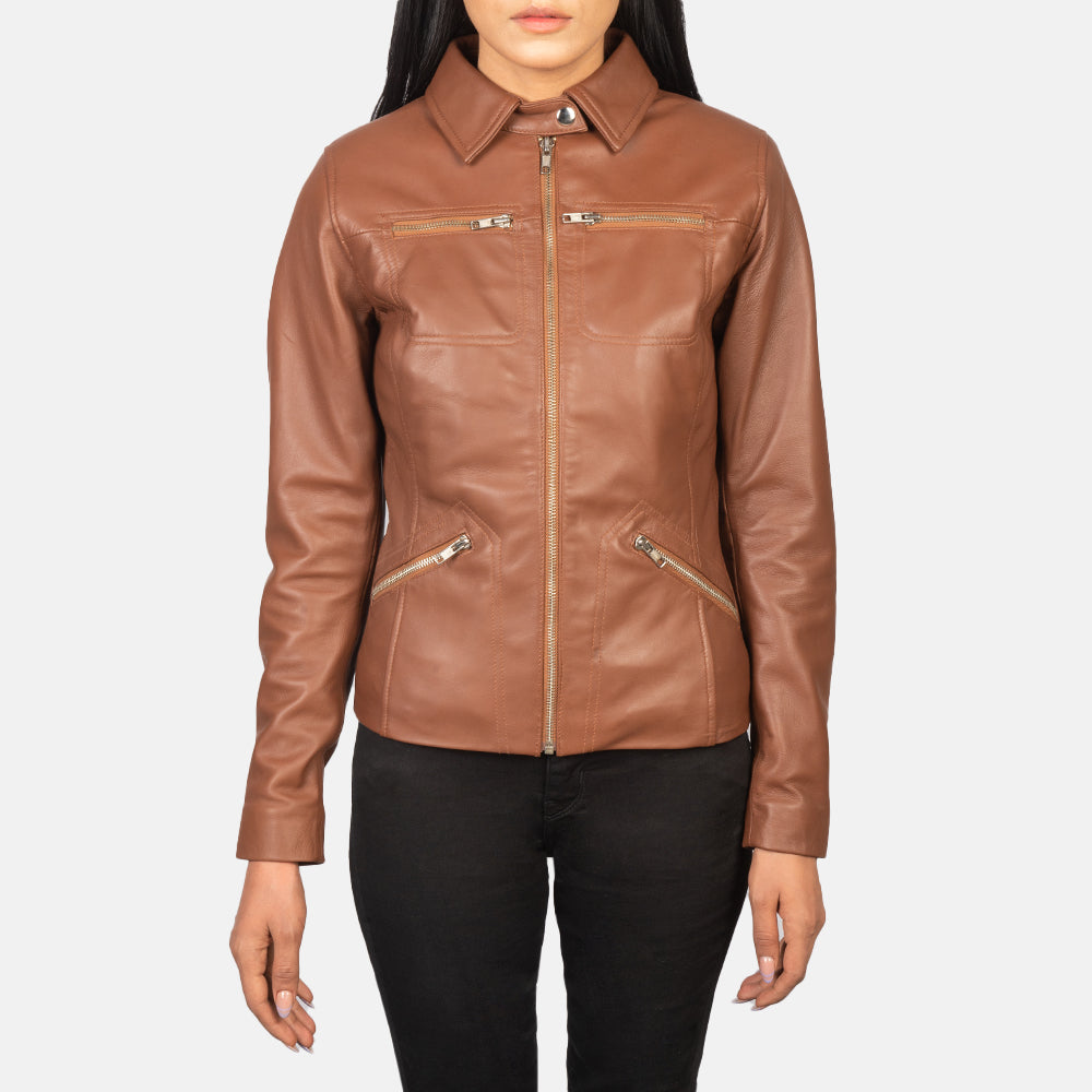 Close up of premium brown semi aniline sheepskin leather texture on a jacket.