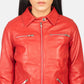 Full side profile of the Tomachi red leather jacket highlighting the tailored fit.