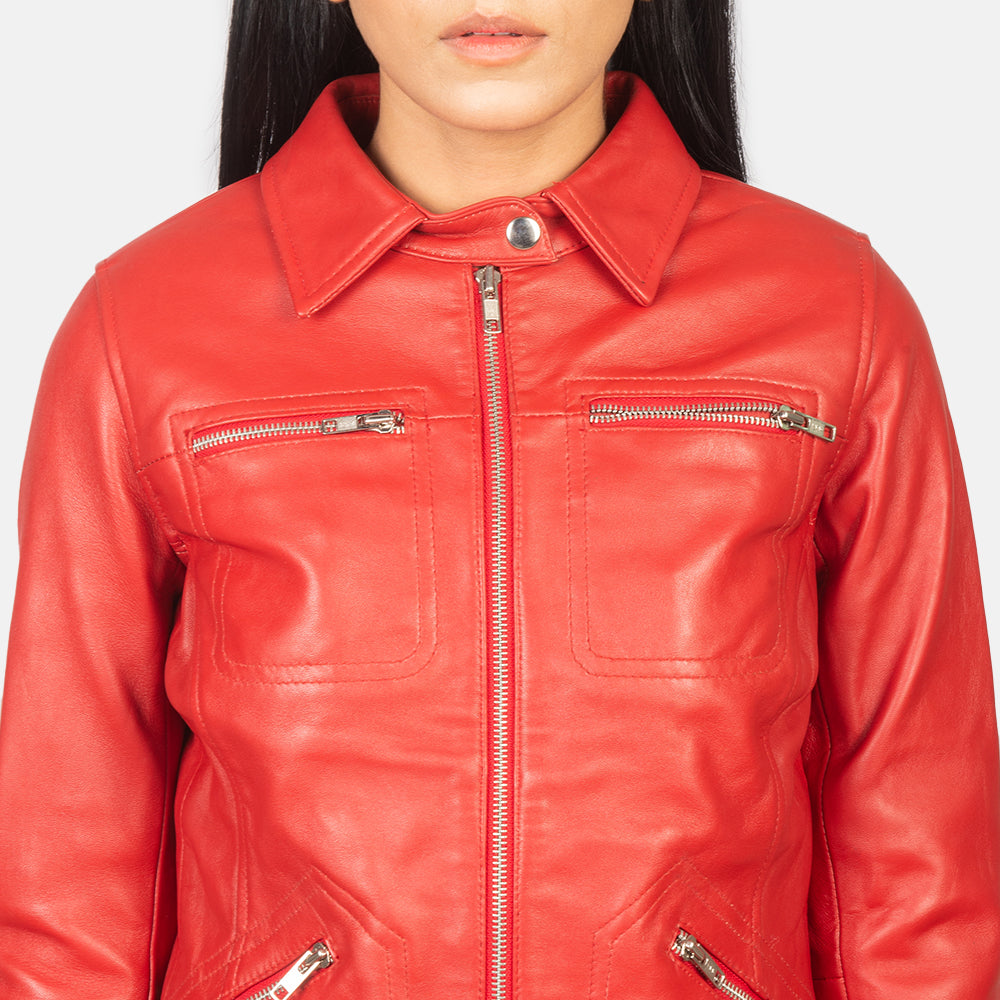 Full side profile of the Tomachi red leather jacket highlighting the tailored fit.