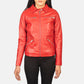 Close up of vibrant red semi aniline sheepskin leather texture on a jacket.