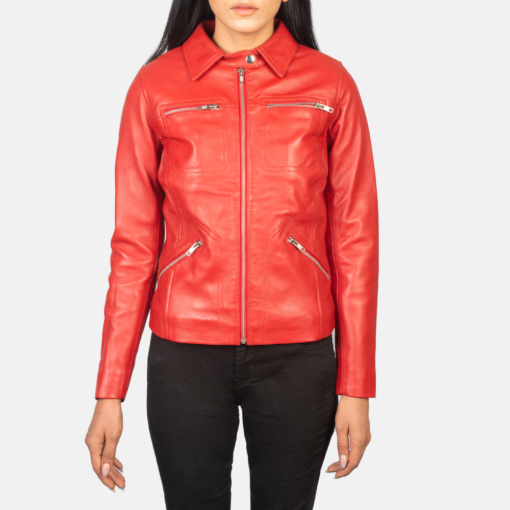 Close up of vibrant red semi aniline sheepskin leather texture on a jacket.