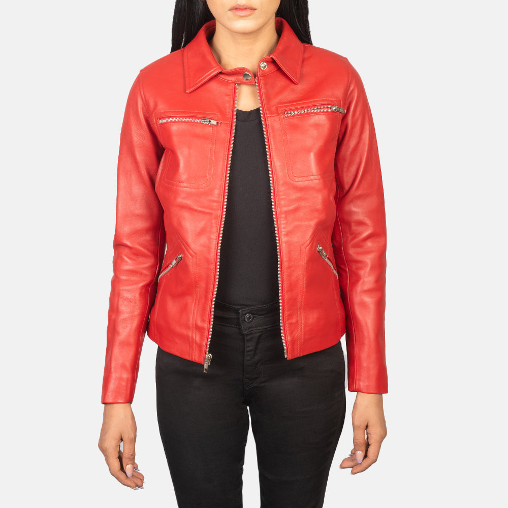 Front view of the Tomachi Red leather jacket by Layzal Jackets.