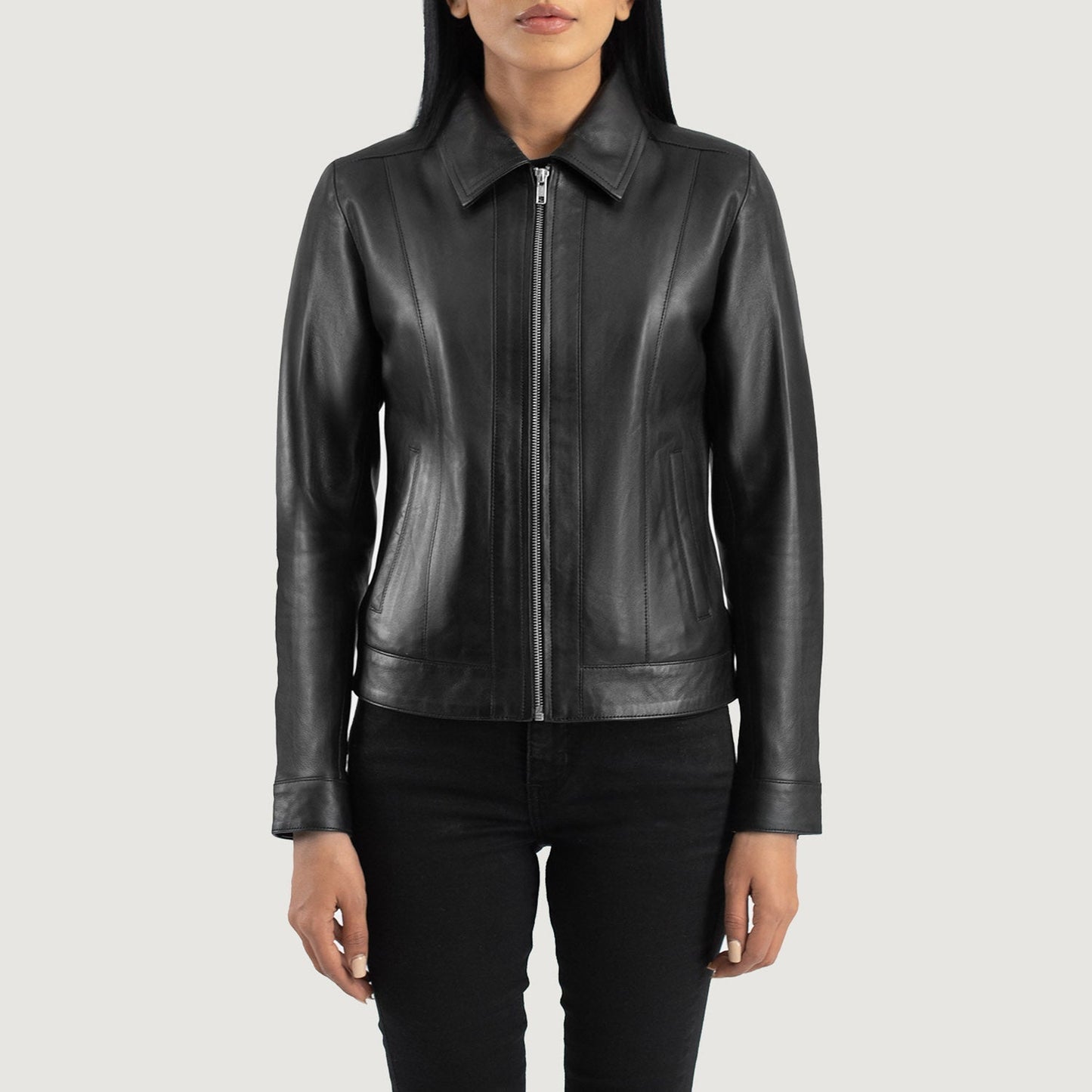 Close up of premium black semi aniline sheepskin leather texture on a classic jacket.