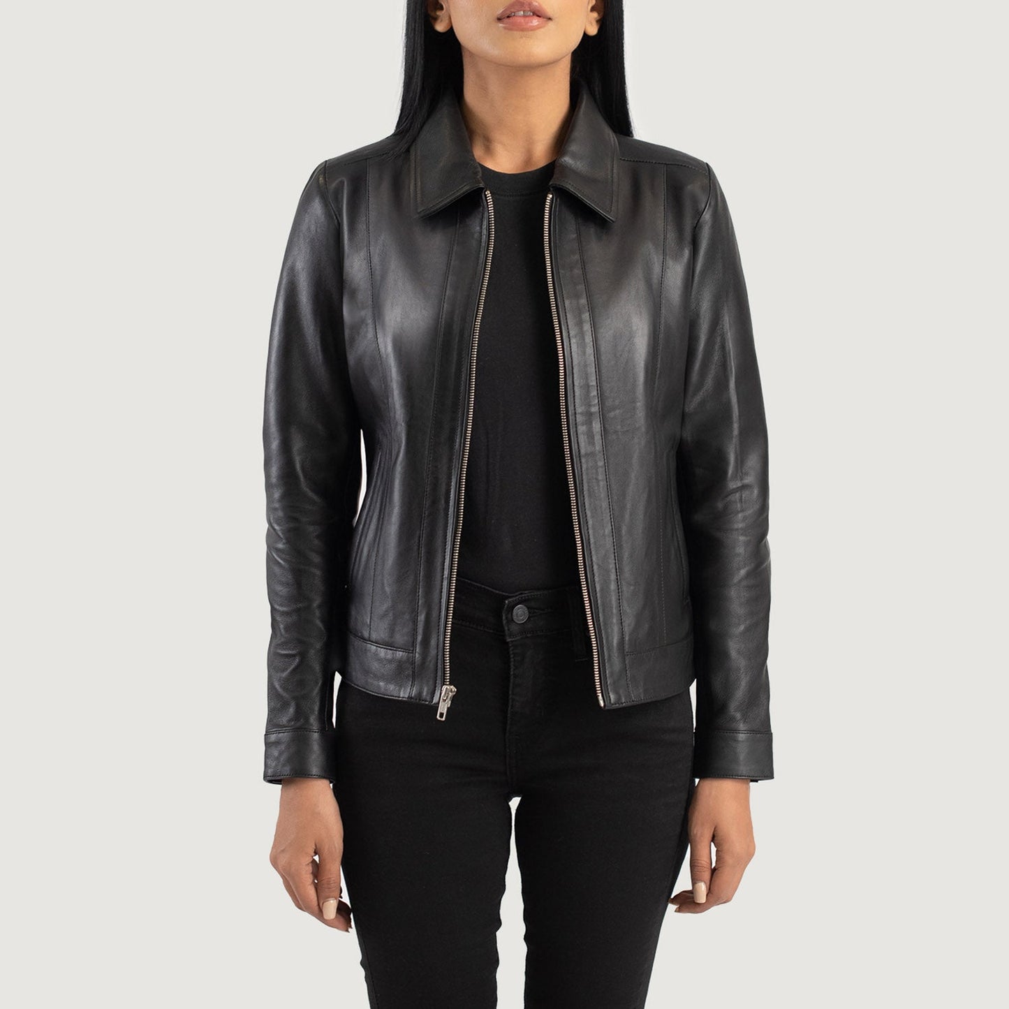 Front view of the Vixen Black classic collar leather jacket by Layzal Jackets.