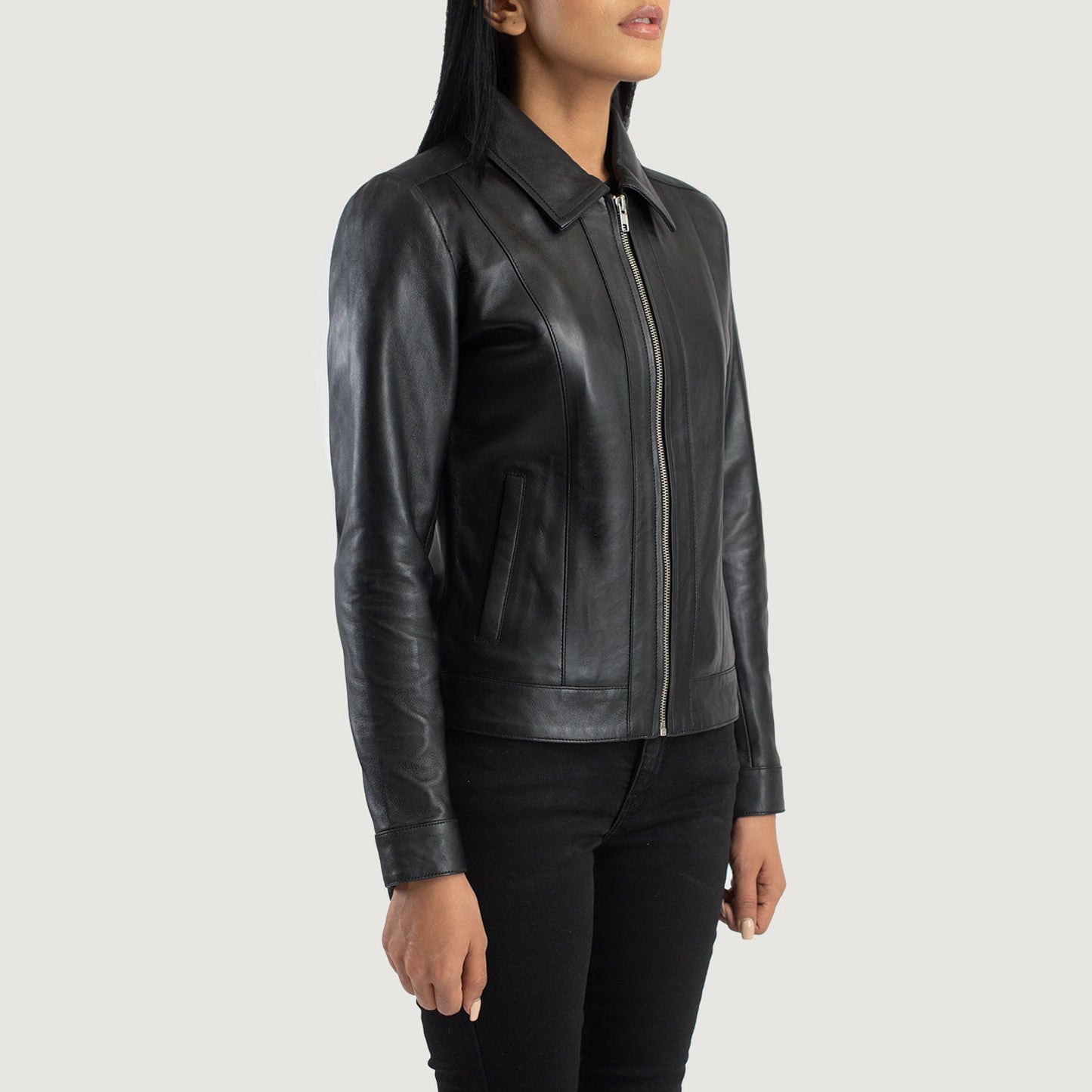 Back view of the Vixen Black classic collar leather jacket from Layzal Jackets.