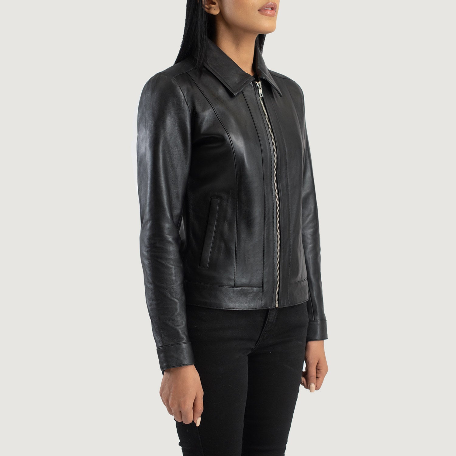 Back view of the Vixen Black classic collar leather jacket from Layzal Jackets.