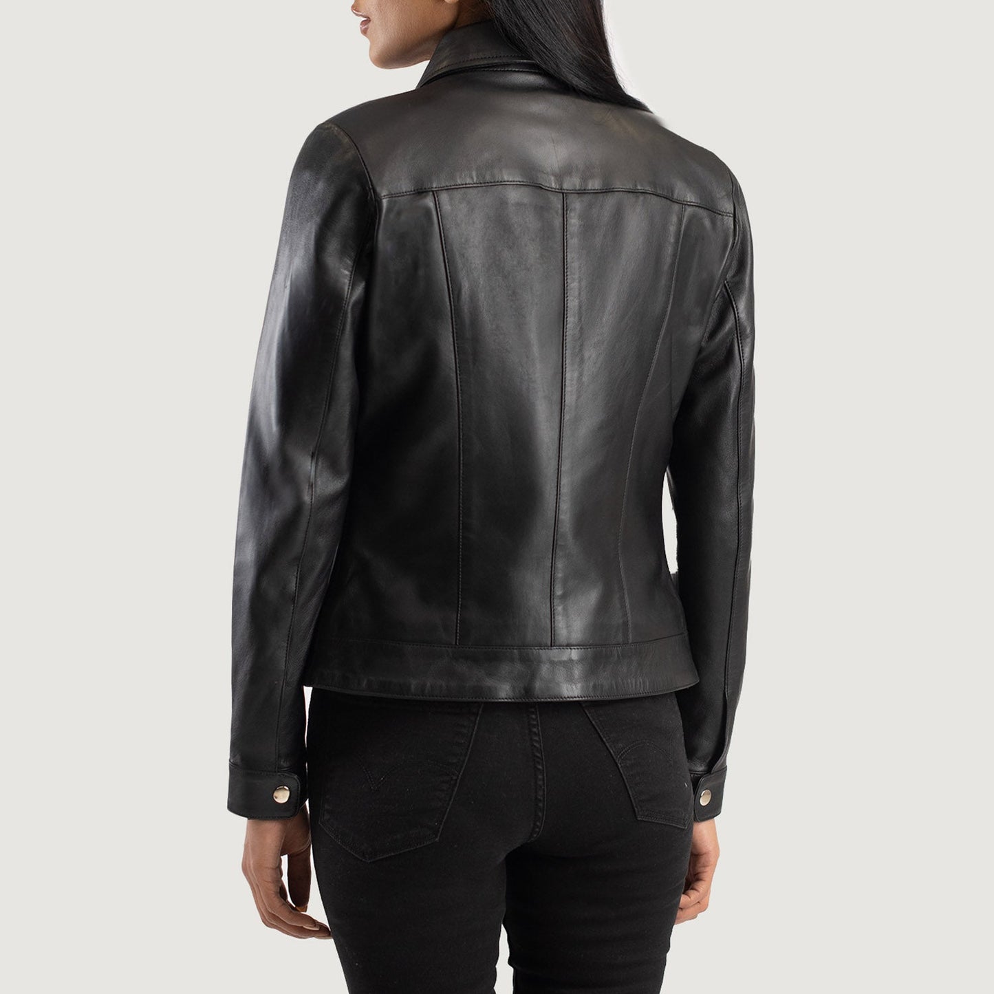 Full side profile of the Vixen black leather jacket showcasing a tailored fit.