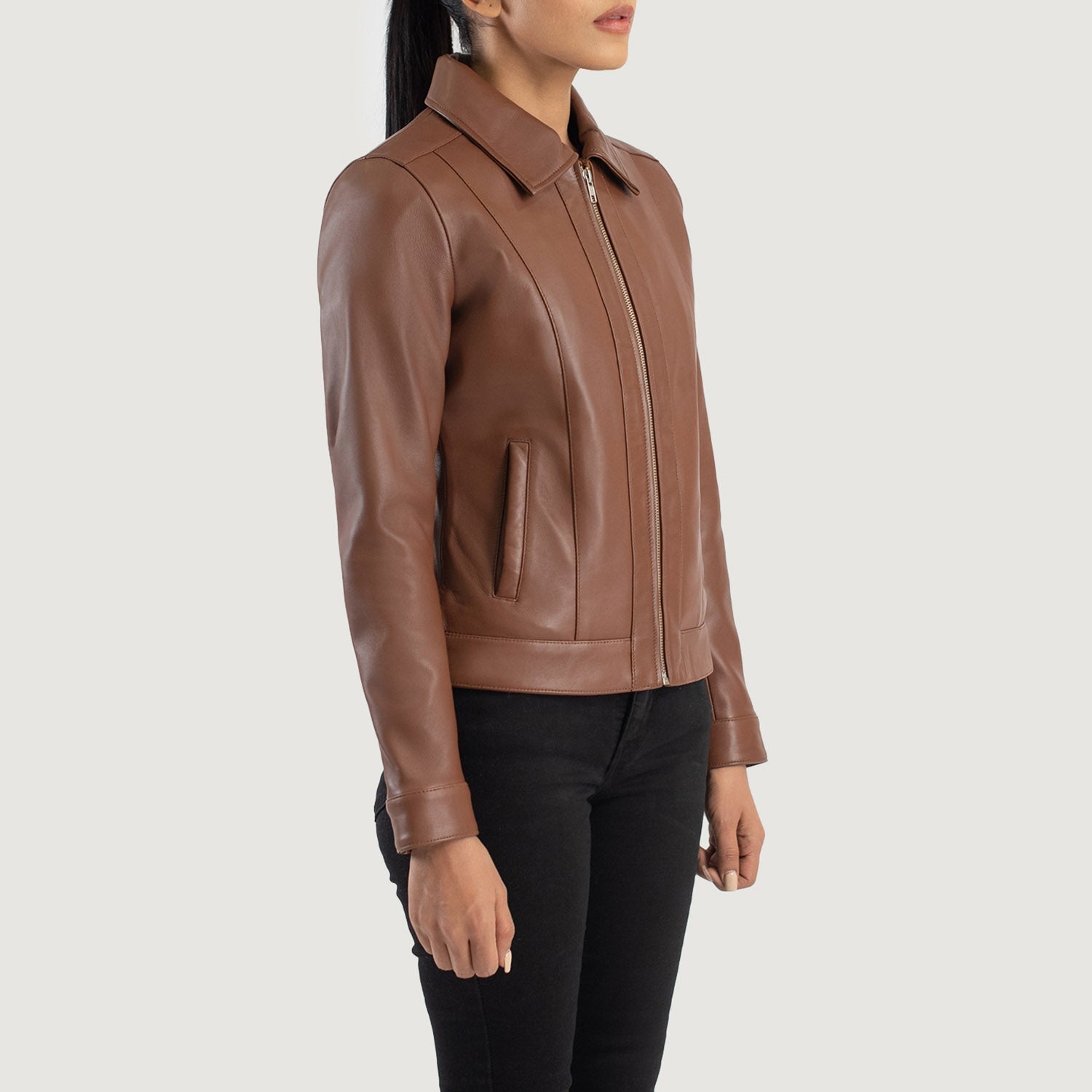 Full back view of the brown sheepskin leather jacket showcasing the clean vertical panels and premium semi aniline finish.