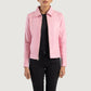 Front view of the Vixen pink leather jacket featuring a classic shirt style collar, central zipper closure, and structured waist pockets.