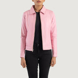 Front view of the Vixen pink leather jacket featuring a classic shirt style collar, central zipper closure, and structured waist pockets.
