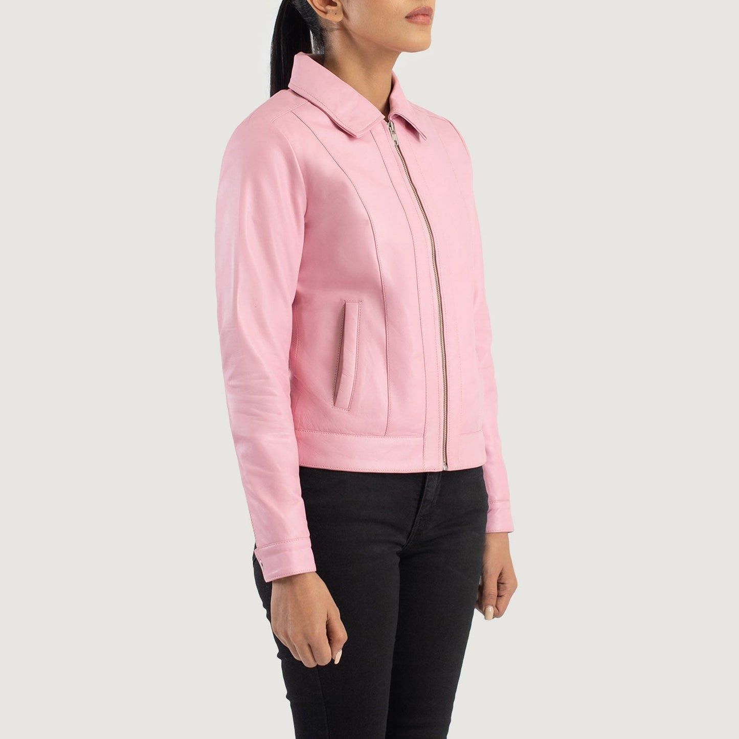 Full back view of the pink sheepskin leather jacket showcasing the clean vertical panels and premium semi aniline finish.