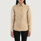 Detailed shot of the premium matching beige leather buttons stitched along the front placket of the jacket.