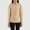 Detailed shot of the premium matching beige leather buttons stitched along the front placket of the jacket.