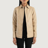 Front view of the Zenith beige leather shirt jacket showcasing its clean pocketless design and front leather button closures.