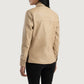 Close up of the crisp, structured shirt style collar crafted from premium semi aniline beige leather.