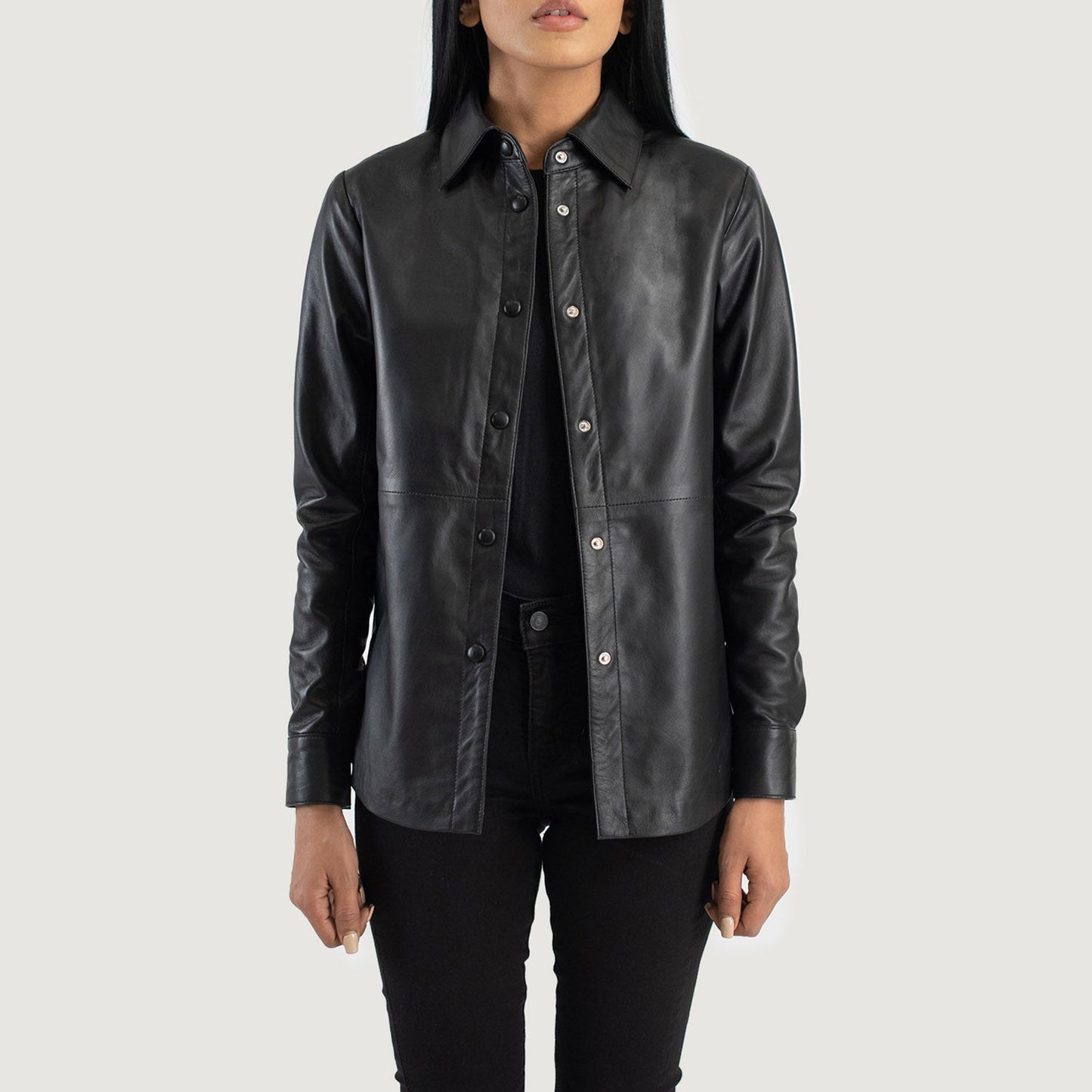 Front view of the Zenith Black leather shirt jacket by Layzal Jackets.