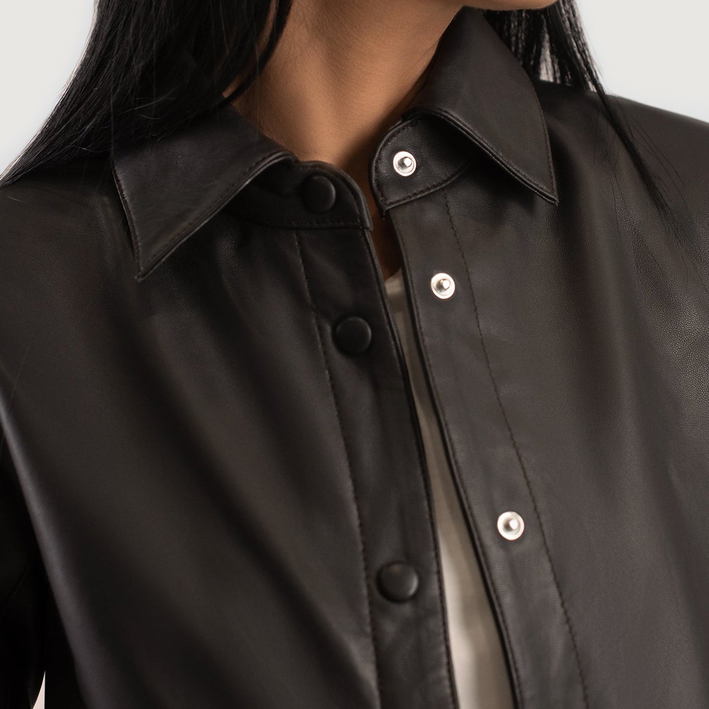 Inside look at the Zenith leather shirt jacket showcasing the clean, comfortable plain inner lining.