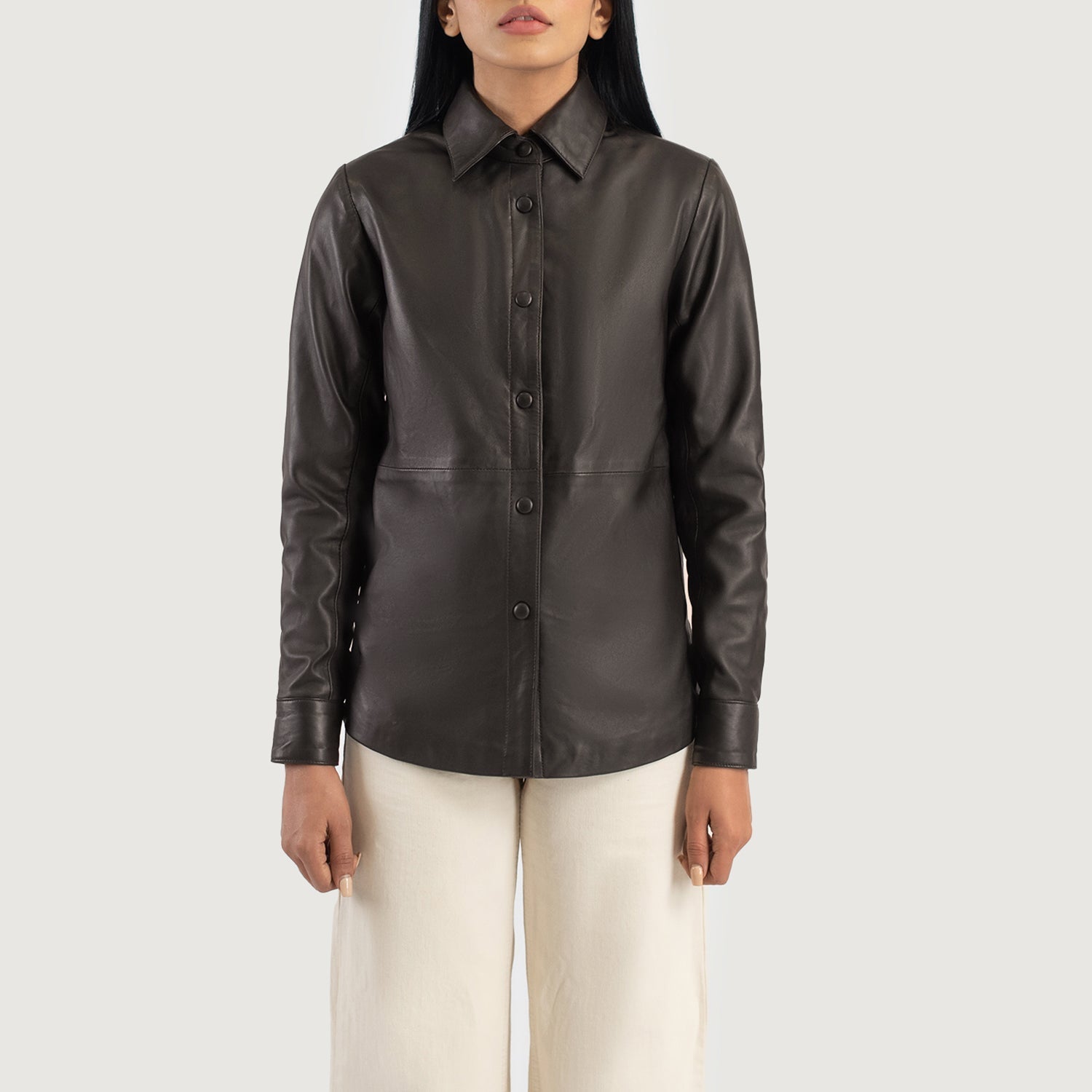 Side view of the Zenith brown leather shacket, highlighting the sleek silhouette and lightweight sheepskin build.