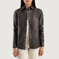 Zenith brown leather shirt jacket for men, featuring a minimalist pocketless design and classic shirt collar.