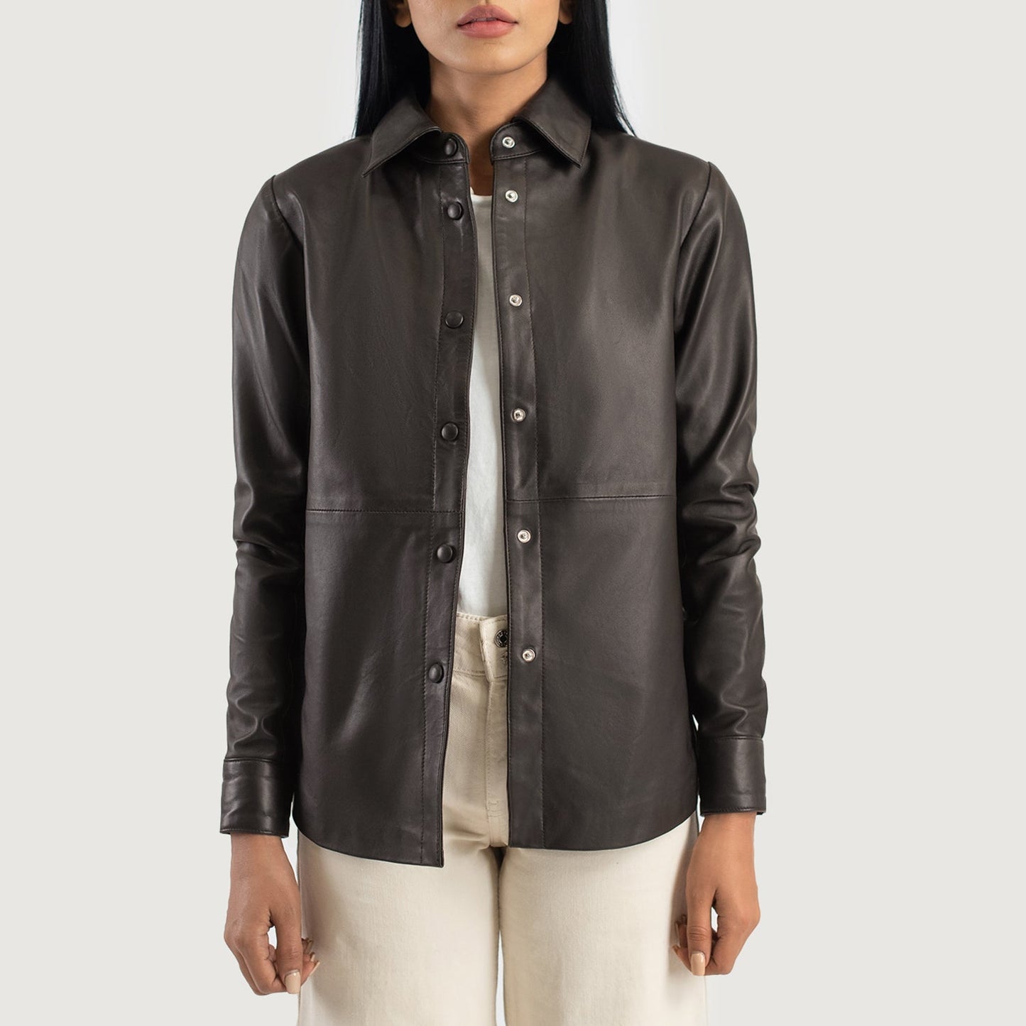 Zenith brown leather shirt jacket for men, featuring a minimalist pocketless design and classic shirt collar.
