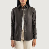 Zenith brown leather shirt jacket for men, featuring a minimalist pocketless design and classic shirt collar.